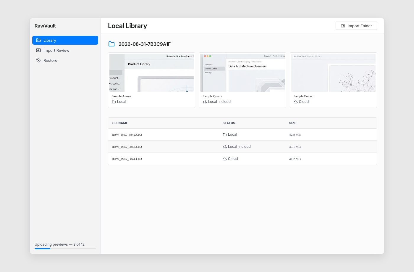 Fictional populated RawVault Library with Preview items and Local, Local + cloud, and Cloud availability states